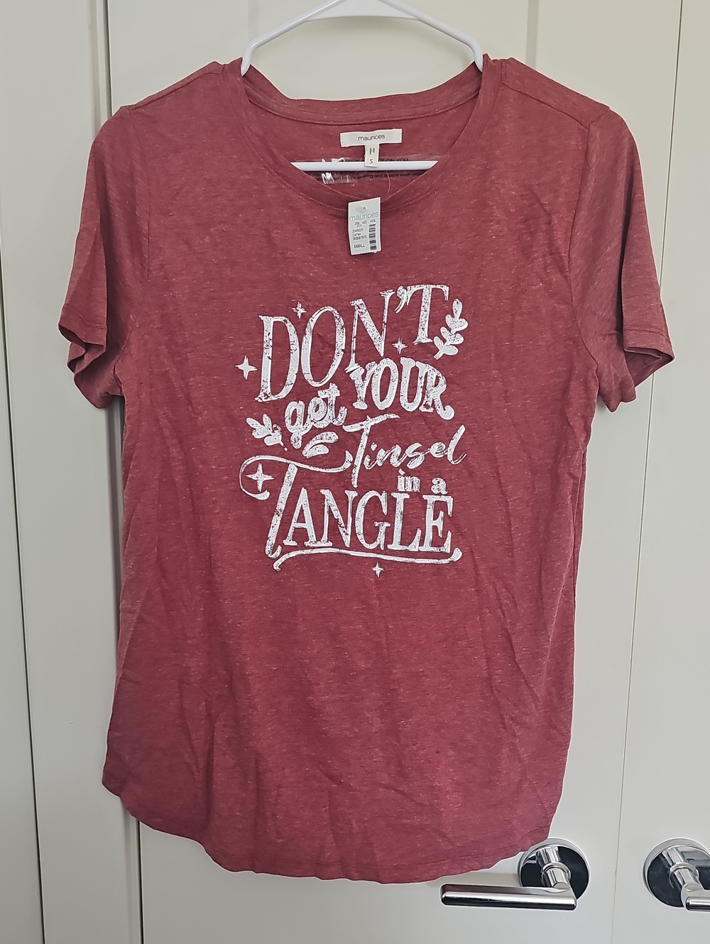 Maurices Women's Dusty Red Graphic Tee with White Holiday Slogan